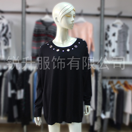 大朗毛衣 新款宽松休闲金属铁环圆领长袖毛衣 女套头打底衫