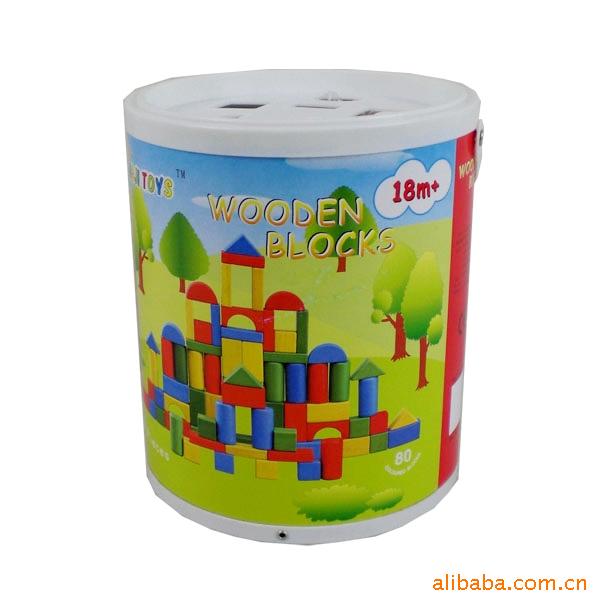 批发木制玩具,彩积木桶HJD93709A