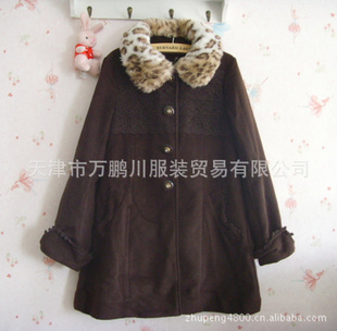 w0620日单外贸服饰外贸服饰日单豹纹毛领蕾丝装饰毛纺大衣