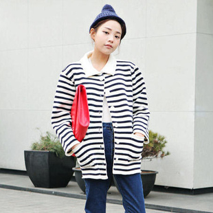 2013新款韩国stylenanda宽松BF翻领海风条纹毛衣开衫外套769