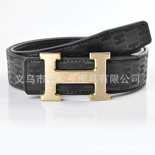 皮带批发h爱马仕金扣黑头马拉车铜扣牛皮带男士真皮带腰带