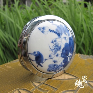 民间小工艺饰品批发手工工艺青花荷花陶瓷双面镜复古民族风