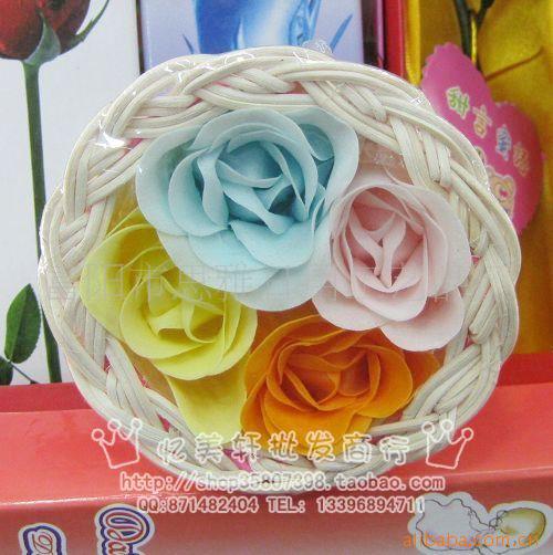 厂家直供4朵圆形柳篮装香皂花花香皂沐浴花礼品