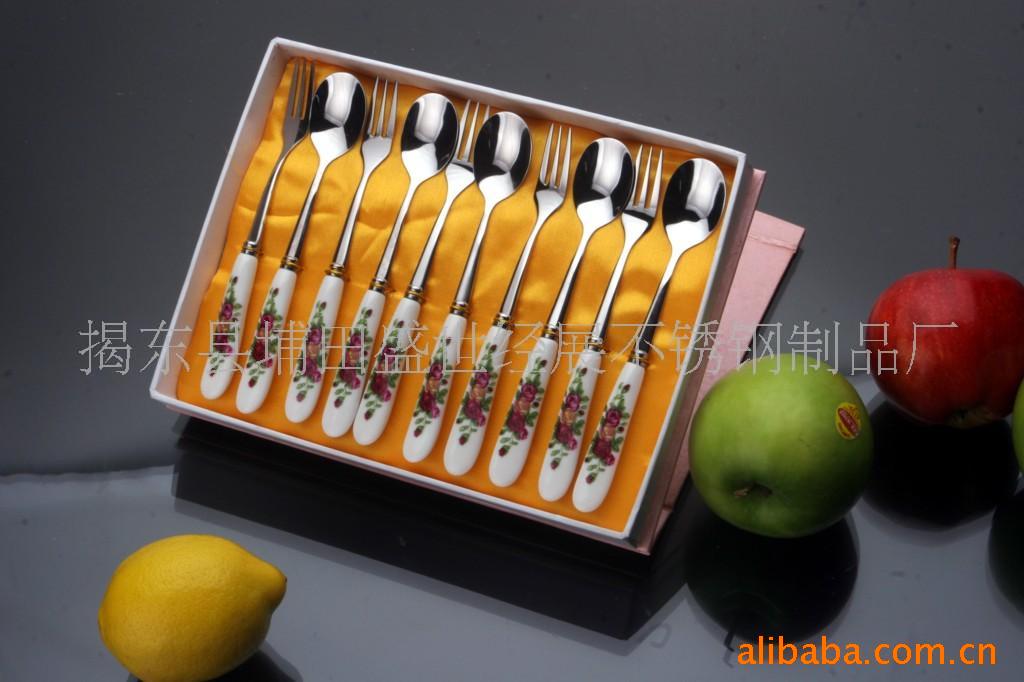 韩国餐具,陶瓷柄不锈钢餐具.西餐叉.(图)