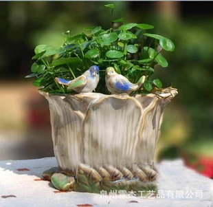 厂家直销工艺陶瓷花盆、双鸟花盆容器、窑变铀花盆H-138
