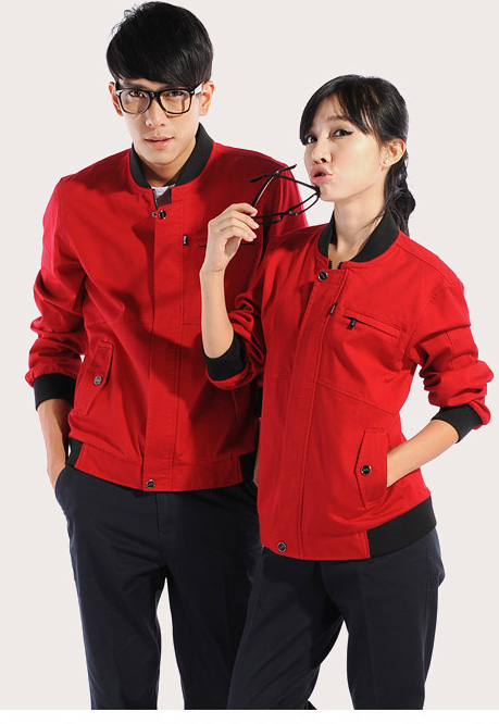 红色长袖劳保服款式图参考，重庆工作服定做公司